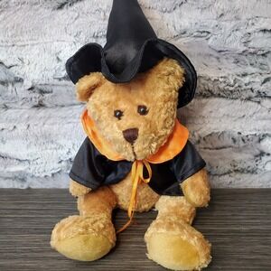 Snuggle Toy Halloween Brown Teddy Bear Plush Black Witch Hat & Orange  Cape